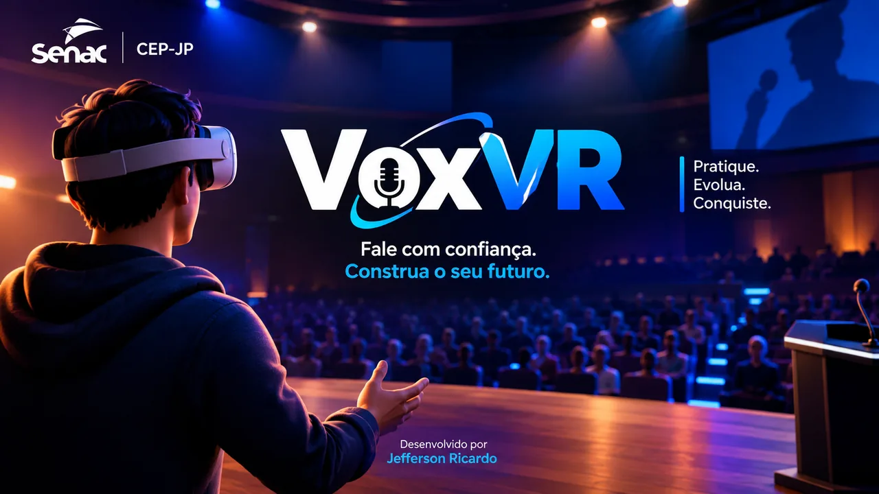Arte de abertura do VoxVR: uma pessoa com headset de realidade virtual diante de um auditório, com o logotipo VoxVR e o slogan Fale com confiança, construa o seu futuro.