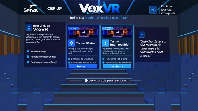 Menu inicial do VoxVR com as opções Treino Básico e Treino Intermediário.