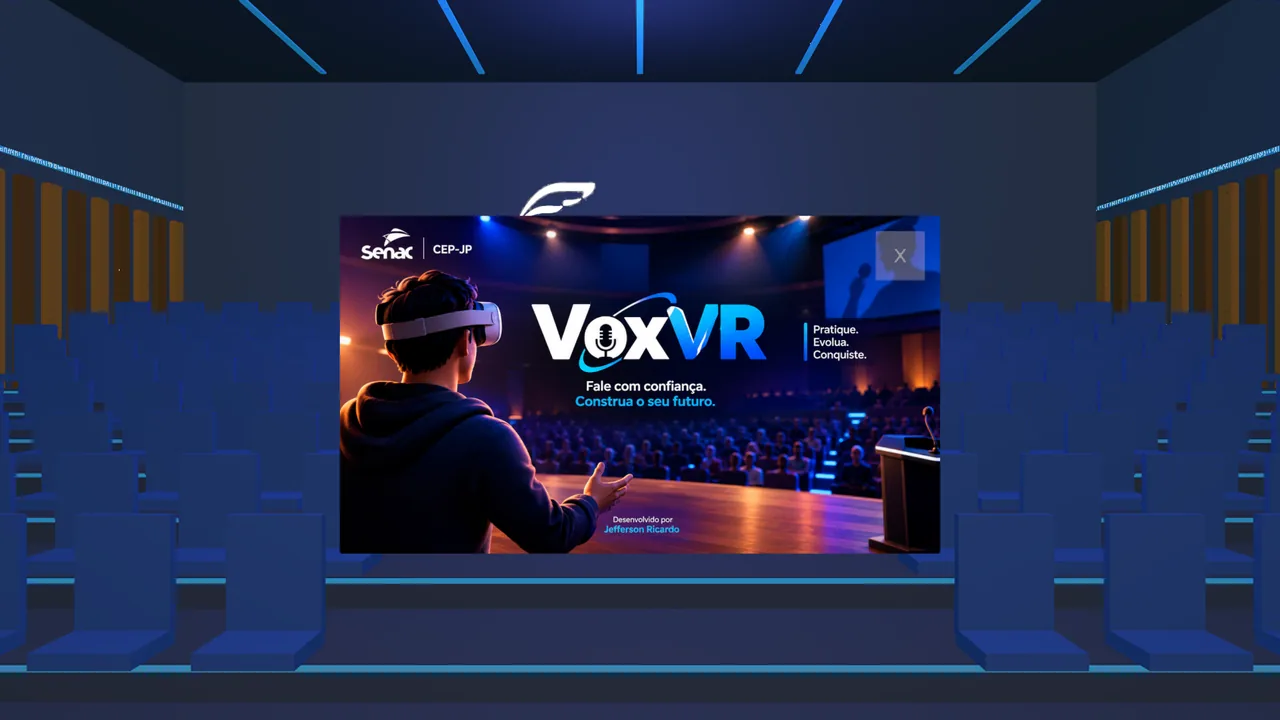 Tela de abertura do VoxVR exibida dentro do auditório virtual.